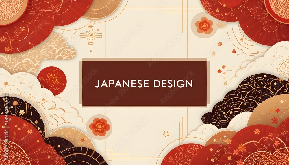 Poster serene japanese design background. elegant reds, golds, and creams flow together. geometric patterns