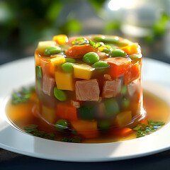 cinematic_photo, sunny_atmosphere, meat vegetable aspic, on a white plate

