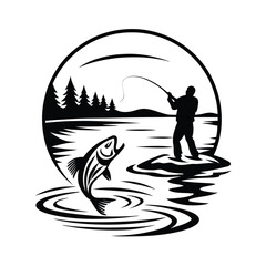 a angler catching a fish silhouette