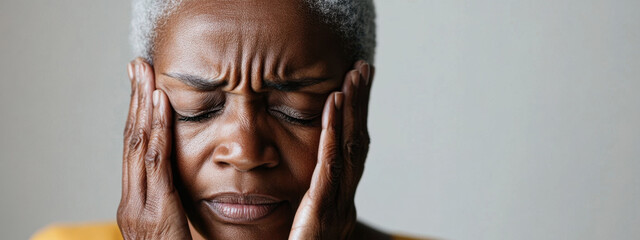 An elderly African-American woman is holding her head with an expression of pain on her face. She suffers from a severe headache or migraine associated with weather-related headaches.