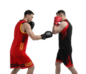 Men in boxing gloves fighting on white background