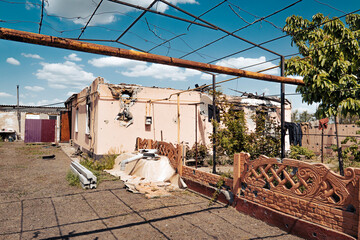 Countryside. A house destroyed by shelling. War in Ukraine