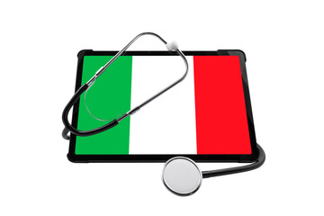 Tablet PC with Italy flag on screen and medical stethoscope isolated on white background. Concept of medical diagnostics and healthcare system of Italy