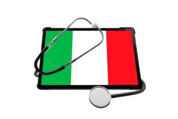Tablet PC with Italy flag on screen and medical stethoscope isolated on white background. Concept of medical diagnostics and healthcare system of Italy