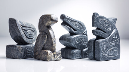 Hand-carved soapstone sculptures from Inuit artists, representing native art and cultural heritage, shown against a white backdrop.  