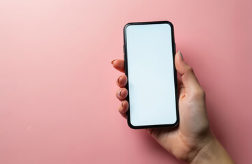 Woman hand holds smartphone blank screen. Pink background mockup for app, website, design. Female shows empty display mobile phone in hand, using tech, digital gadgets. Online concept.