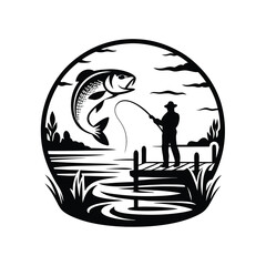 a angler catching a fish silhouette
