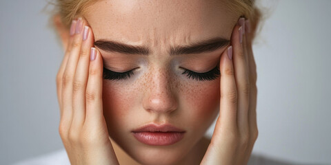 Fototapeta premium A young woman with her eyes closed is holding her temples, suffering from a severe headache or migraine caused by weather-related pain. The face is distorted with pain and tension.