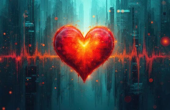 AI-generated heart shape with abstract background. Red heart shape on dark background with orange heart rate line. Love symbol, healthcare concept. Valentine Day, medical, romance, passion.