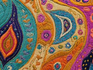 Colorful and intricately designed embroidered fabric with vibrant floral and paisley patterns creates a rich and textured surface.