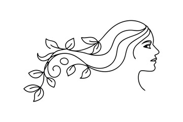 Womans Profile, Joyful Laughter, Long Hair, Line Art, Happy, Side View, Black and White, Elegant, Si