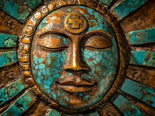 Detailed art depicts a serene bronze face with turquoise accents, evoking ancient cultures and spiritual calmness. Close-up showcases craftsmanship.