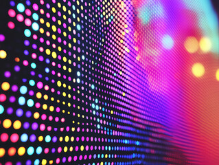 Vibrant multicolored LED light display screen texture background showing colorful dots and pixels glowing brightly in a digital abstract pattern perfect for modern technology