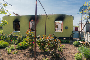 Countryside. A house destroyed by shelling. War in Ukraine