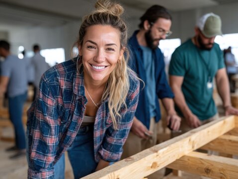 Smiling woman engages in woodworking project at community workshop with fellow participants