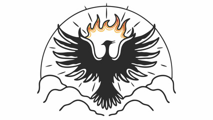 Striking Black and White Line Art Illustration of Mythological Phoenix Bird Rising from Clouds with Flames Symbol of Rebirth Transformation Hope and Resilience