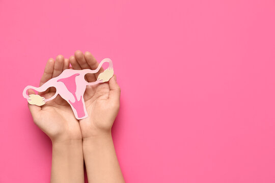 Fototapeta Female hands with paper uterus on pink background, closeup
