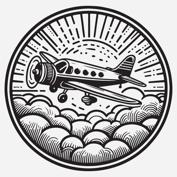 Plane with propeller taking off in clouds - outline vector emblem stock illustration