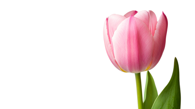 Close-up of pink tulip flower bloom with green leaves, cut out transparent