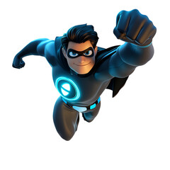 A 3D Cartoon Superhero with Glowing Emblem Flying Isolated on Transparent Background
