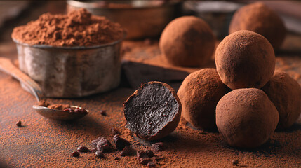 Handmade chocolate truffles finished with cocoa powder, a high-quality sweet treat.  