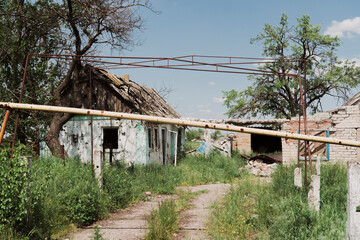 Countryside. A house destroyed by shelling. War in Ukraine