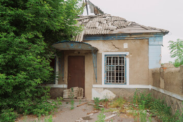 Countryside. A house destroyed by shelling. War in Ukraine