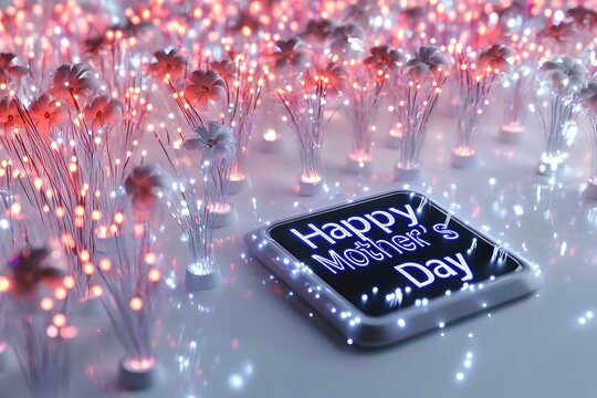 A "Happy Mother's Day" message on a high-tech digital tag, accompanied by a futuristic display of fiber-optic lighted carnations on a white high-tech surface.