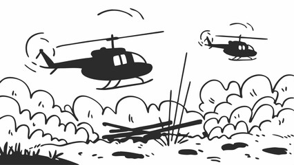 Black and White Military Helicopters Cartoon Smoke Debris Illustration