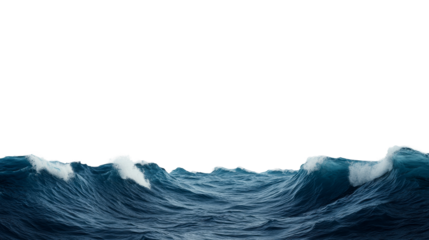 Waves in the open sea with foam crests and dark blue water, cut out transparent
