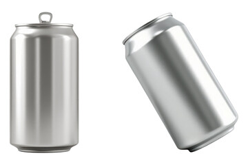 Realistic Silver Aluminum Metal Beverage Can Set with Pull Tab, Front and Tilted Angle View, Empty Blank Soda or Beer Container Mockup Isolated on Transparent and White Background