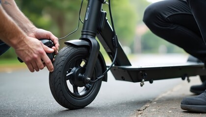 Naklejka premium Man pumping air into electric scooter tire using special device. Scooter tire flat. Problem with e-scooter wheel on street. Breakdown. Maintenance, safety, tech, pressure check.