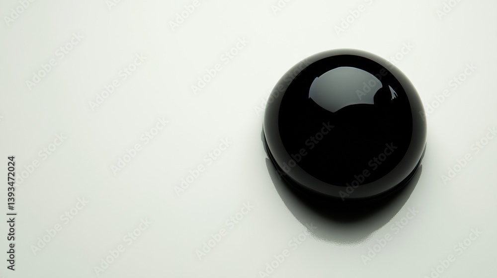 Poster glossy black droplet rests on matte white background, showcasing high contrast and unique reflection