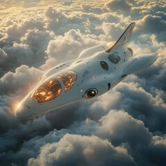 Obraz premium Futuristic spacecraft soaring through clouds at sunrise