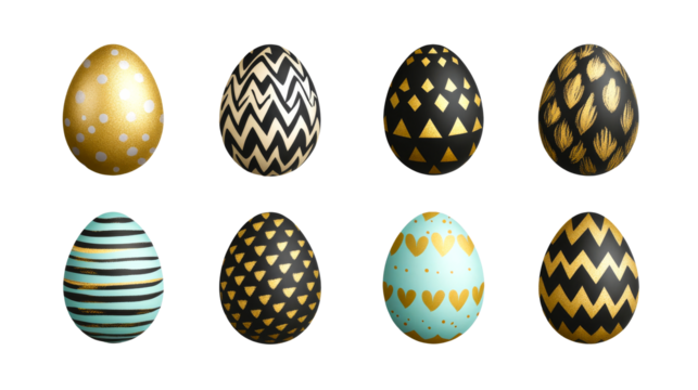 Collection of Easter eggs with elegant designs, cut out transparent