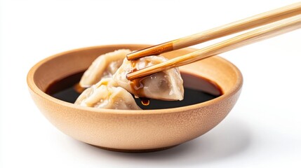 Dumplings in bowl with chopsticks dipping into dark sauce close up