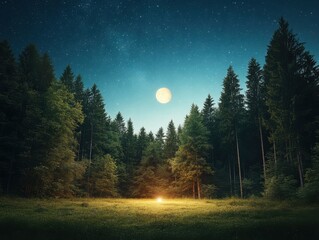 Moonlit forest clearing with bright light under starry sky at night