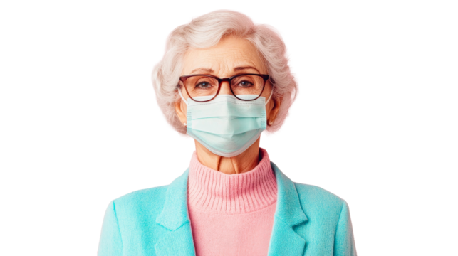 Elderly woman wearing protective face mask, cut out transparent