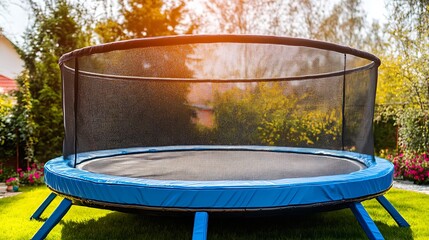A blue trampoline with safety net in a sunny backyard