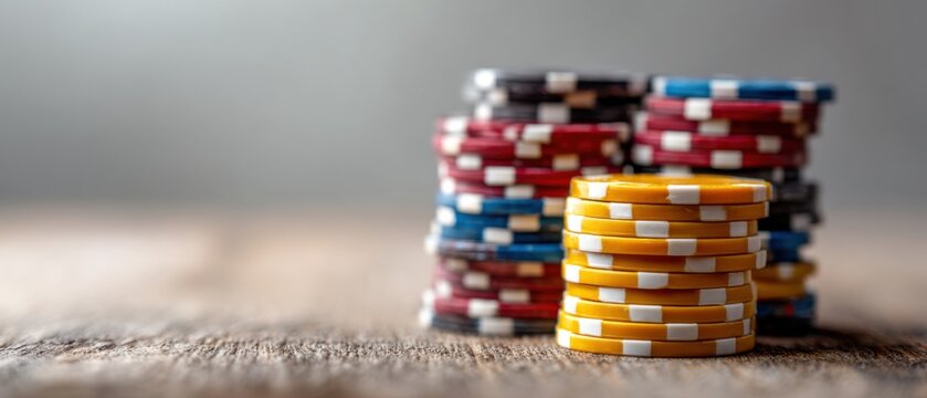 Closeup of colorful poker chips stacked on a wooden table, representing gambling, casino games, and risktaking in a casino or at home
