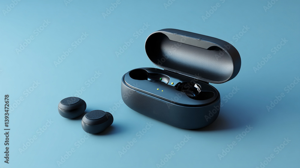 Poster high-quality earbuds that block out noise, featuring a charging case and advanced audio technology.