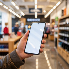 Person holding a smartphone in a modern retail store with shelves filled with products