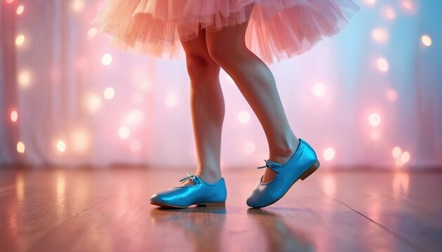 Dancer in blue tap shoes and pink tutu skirt performs. Child in dance studio on wooden floor, spotlight background. Movement, rhythm, grace. Performance. Ballet. Art, practice. - Powered by Adobe
