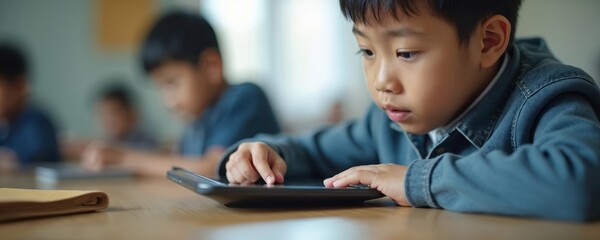 Focused Asian elementary schoolboy uses tablet device in classroom setting. Group students, modern education tech concept. Digital learning, studying, technology, application, online lessons.