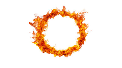Fiery circle of blazing flames isolated on black, cut out transparent