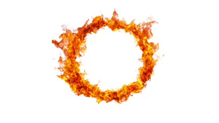 Fiery circle of blazing flames isolated on black, cut out transparent