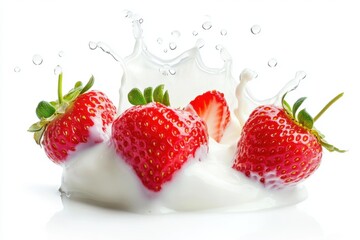 Fresh red strawberries in cream with splash on a white surface
