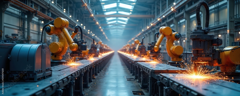 Poster modern industrial factory with cnc systems, automated robot machines. welding sparks. industrial int