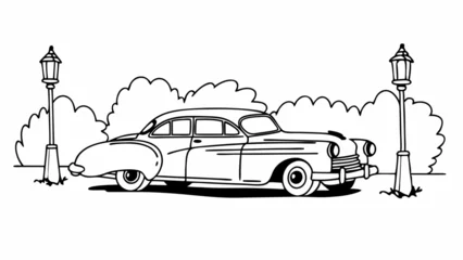  Vintage Classic Car Line Art Drawing Parked Street Scene with Lampposts Black and White Illustration © TShirt Empire