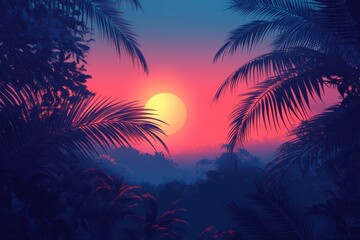 Fototapeta premium Vibrant sunset over tropical foliage with palm silhouettes view